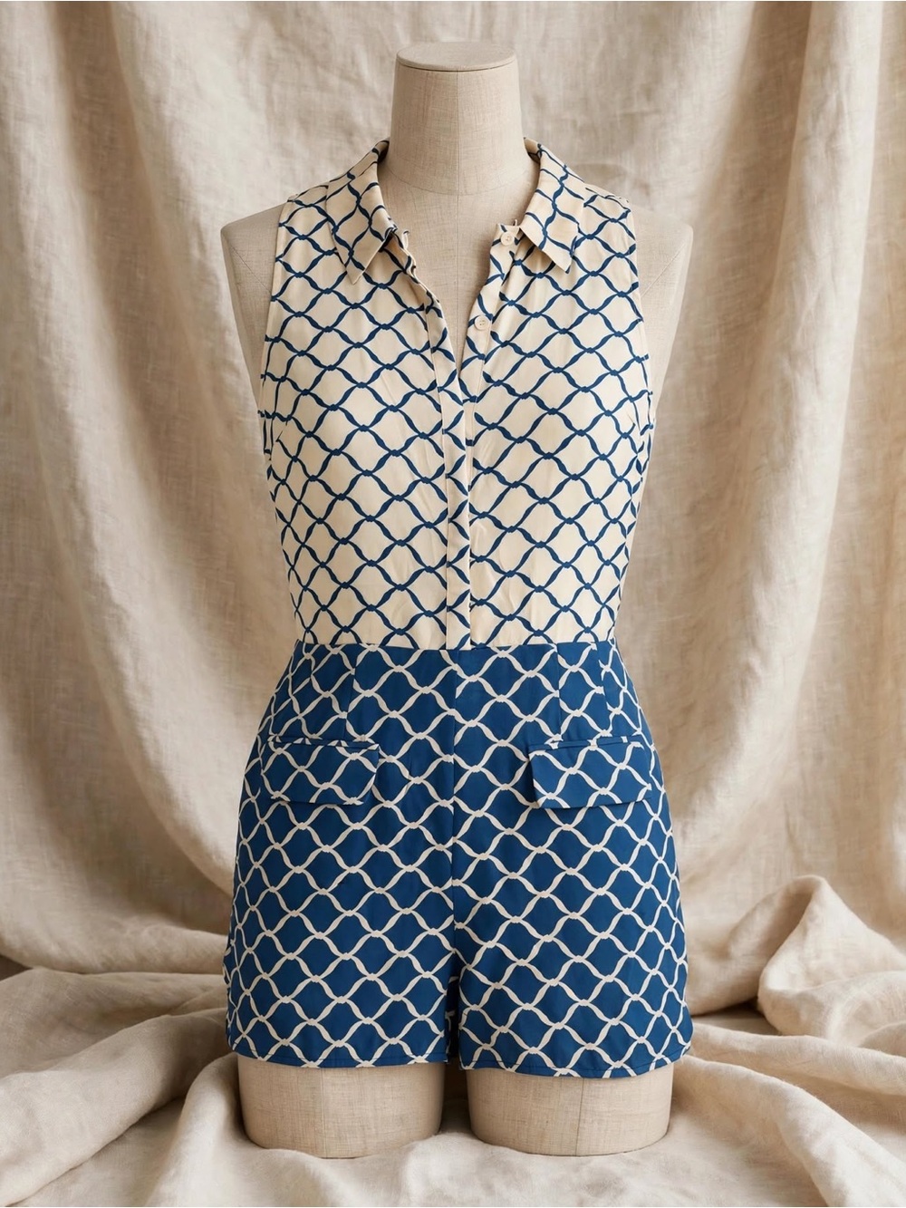 Harlyn 100% Silk Geometric Print Romper Jumpsuit Blue Beige Size S